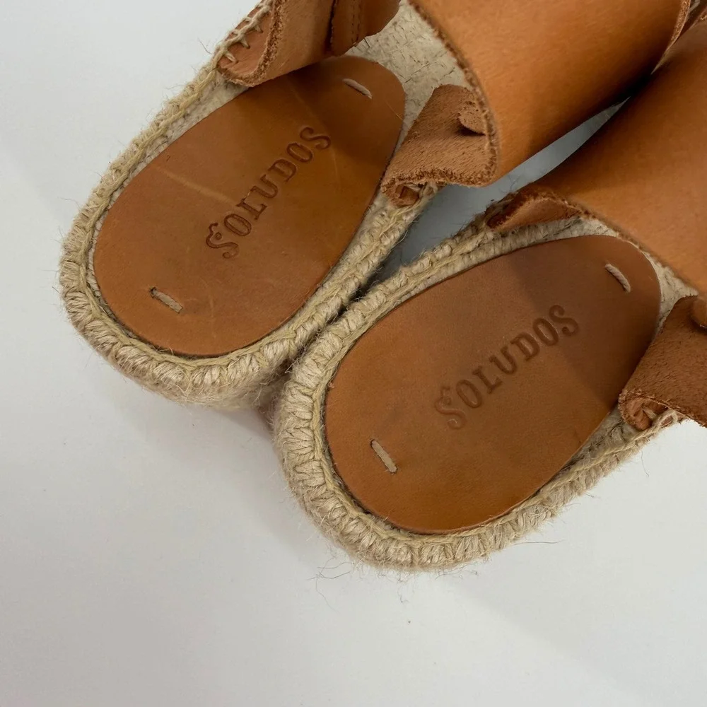 Soludos Minorca Tan Leather Espadrille Platform Wedge Sandals Womens 8 EU 38.5‎